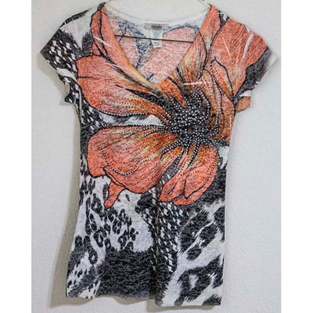 Davida Top Tee Floral Design Lots of Rhinestones Small